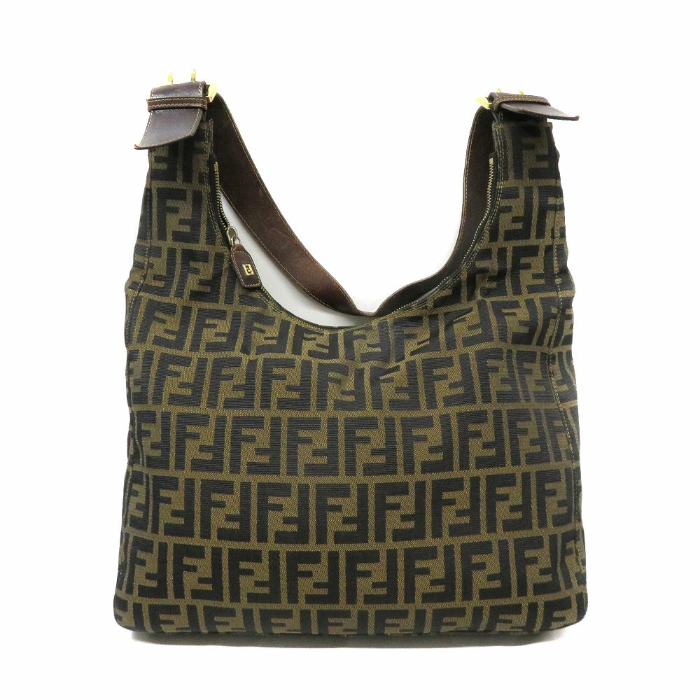 FENDI One Shoulder Hobo Bag Zucca Canvas Brown Black